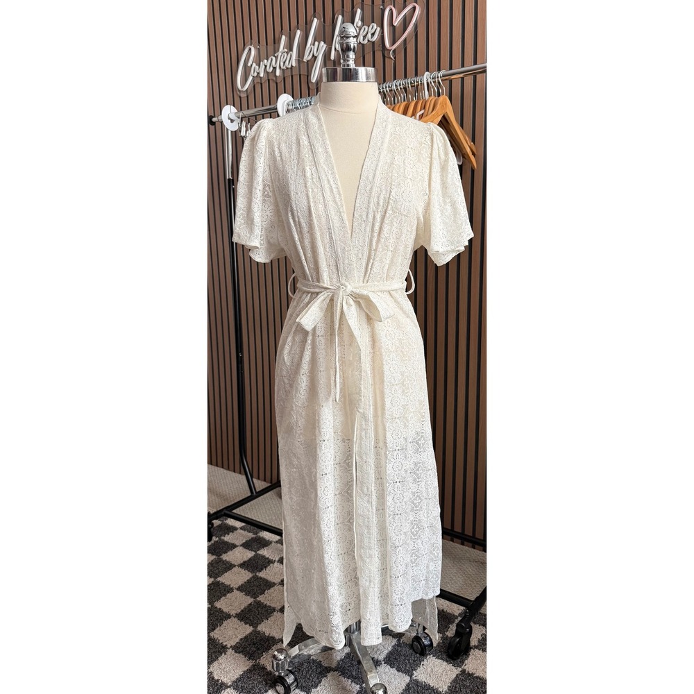 Stella & Suzie Lace Robe Women OS Cream Floral Maxi Kimono Tie Waist France